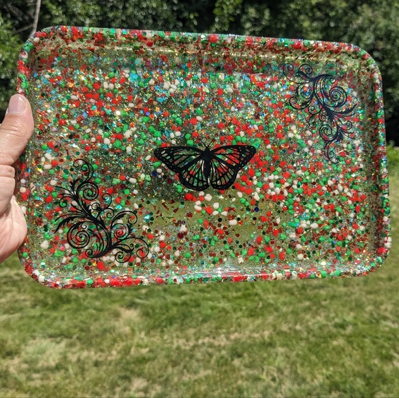 Christmas Butterfly Candy Tray Large Sparkly Red Green White Nerds Candy Resin - Picture 3 of 10